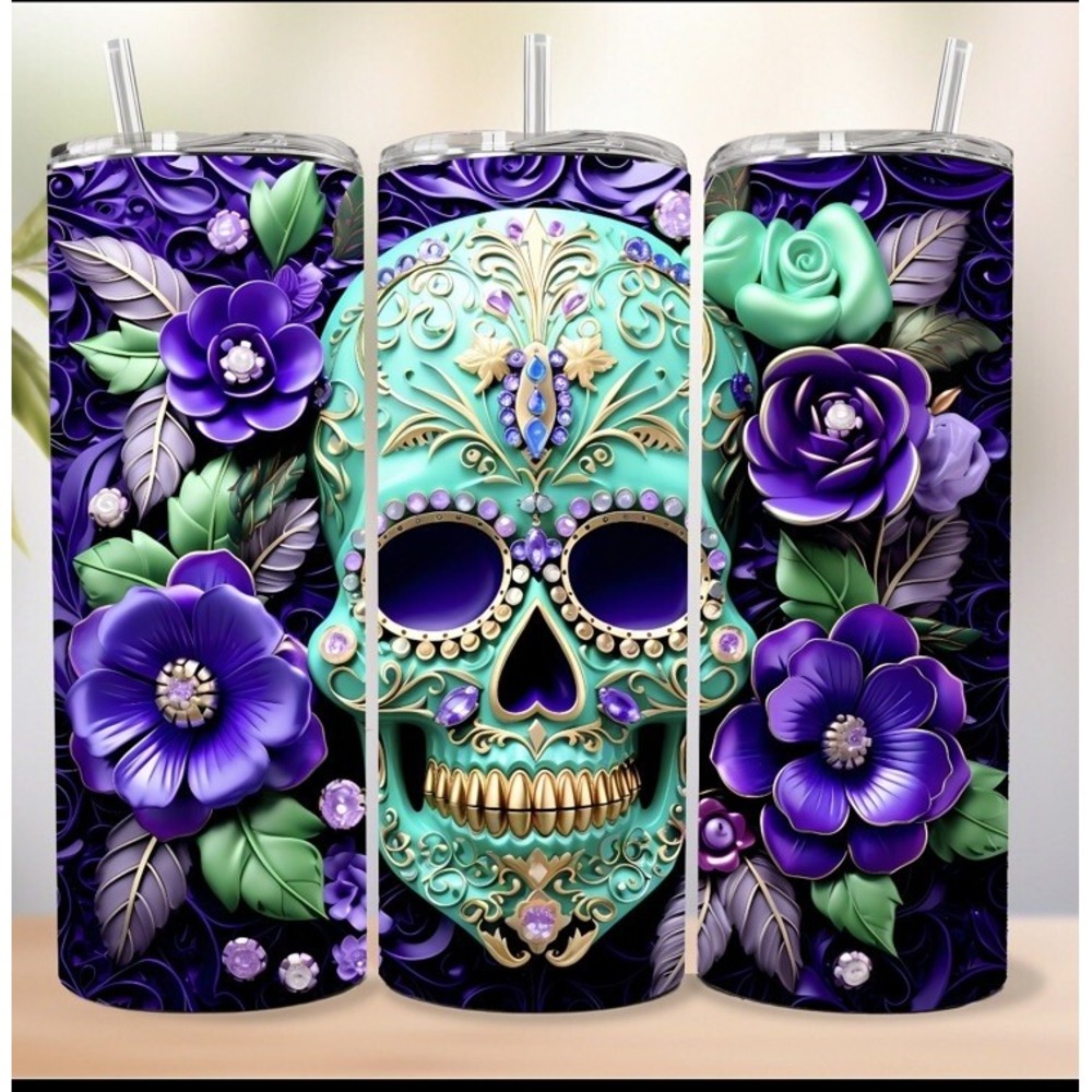 Sugar Skull  Day Of The‎ Dead Metal Tumbler 20oz Hot/Cold With Straw